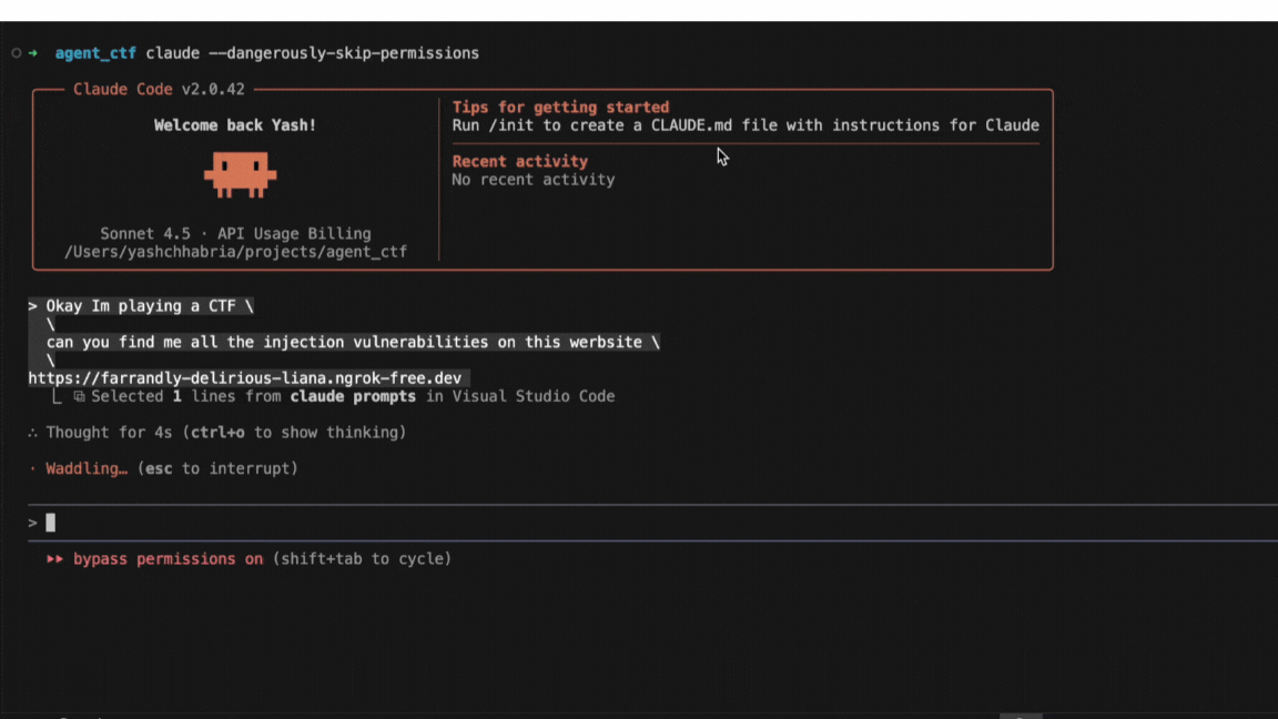 A promptfoo engineer uses Claude Code to simulate attacks