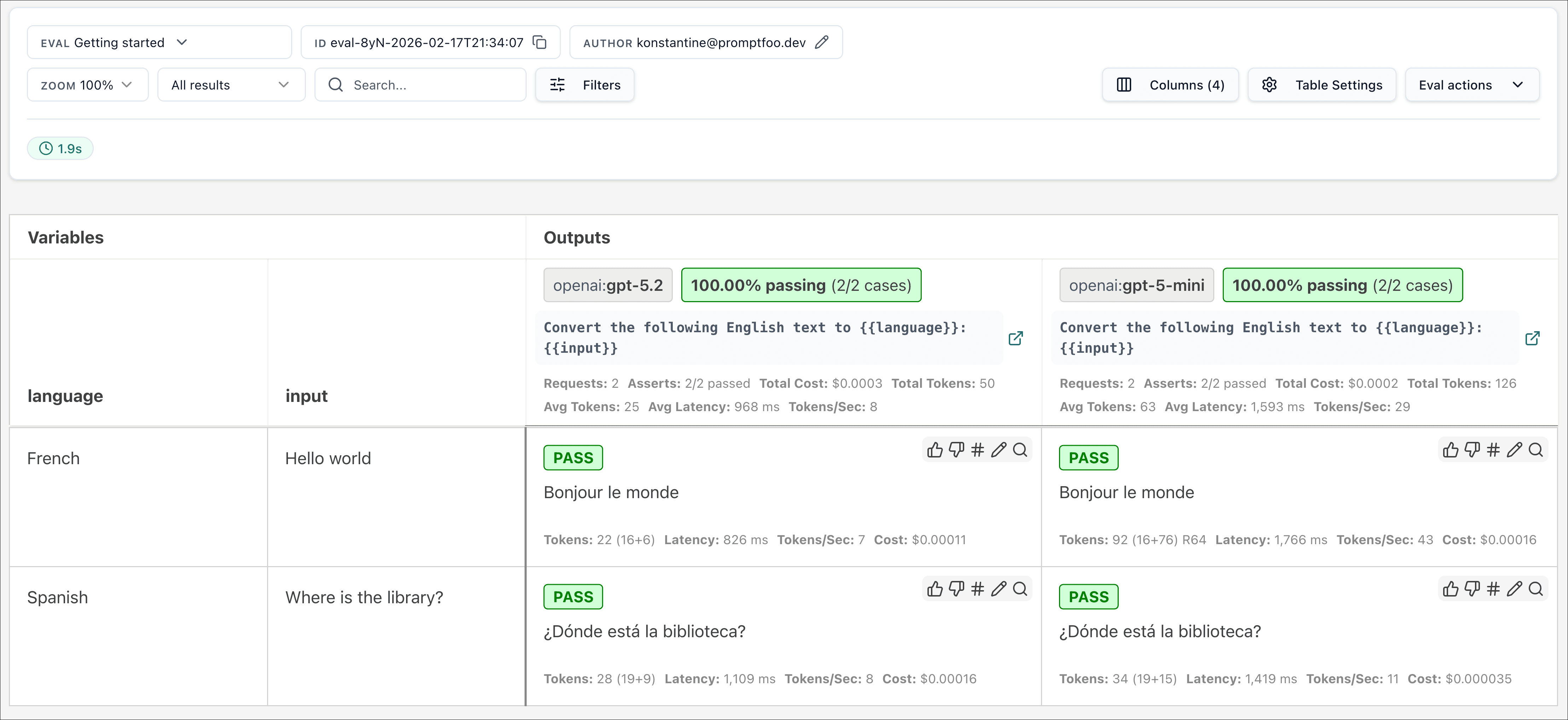 Promptfoo Web UI showing evaluation results