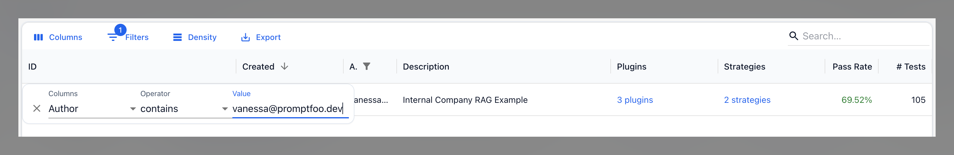 Filtering evaluations interface