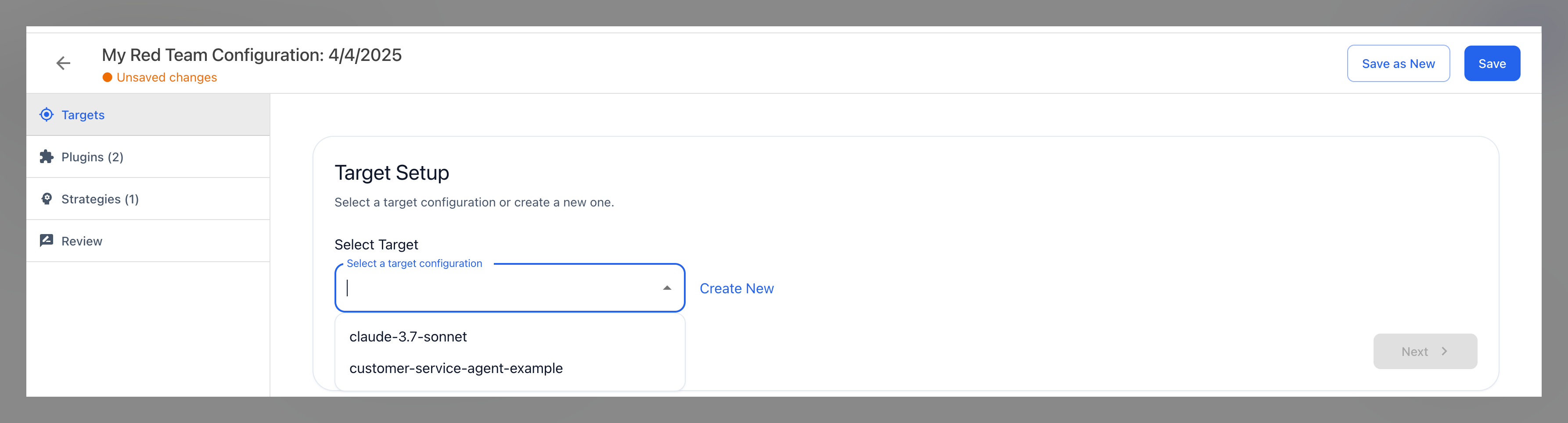 Select Target screen