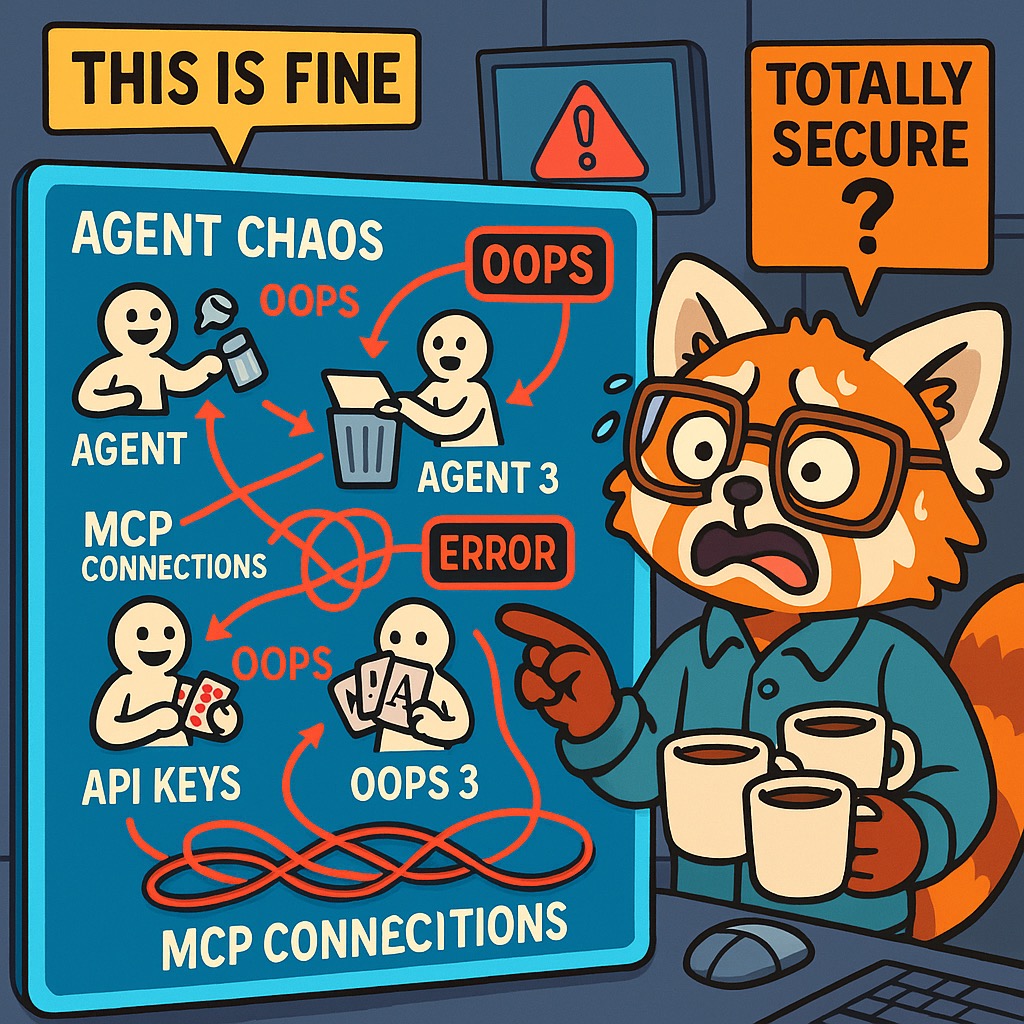 Red panda security analyst discovering agent chaos - AI agents juggling databases, deleting files, and playing with API keys while warning signs flash everywhere