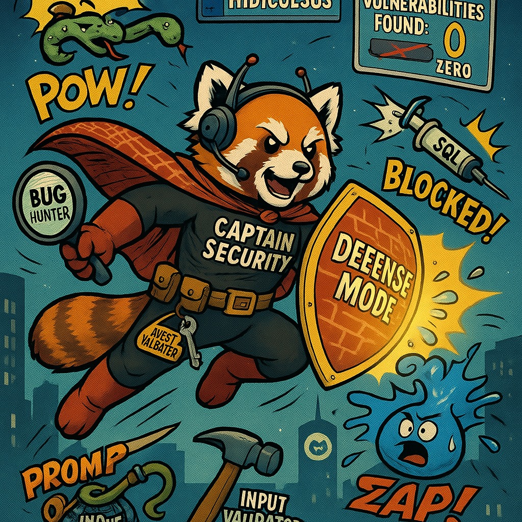 Captain Security red panda superhero with firewall cape defeating cartoon villains - prompt injections, SQL injections, and buffer overflows bouncing off shields with comic book POW effects