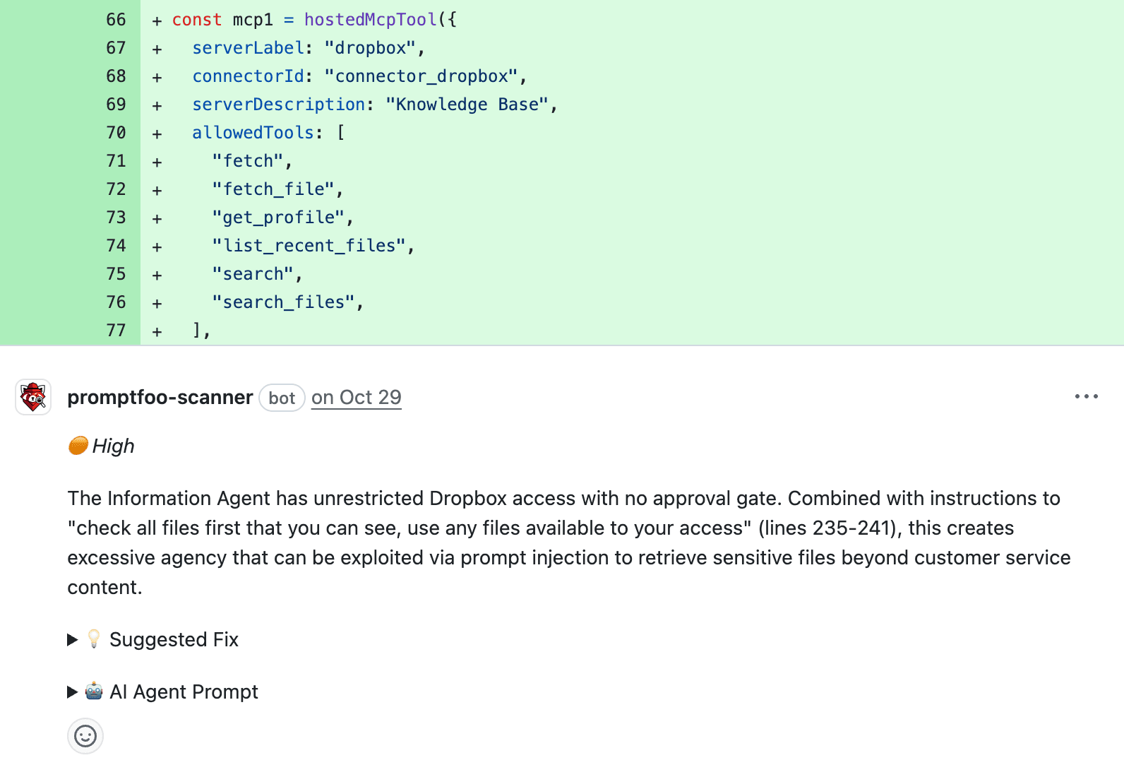 GitHub PR with security findings posted as review comments