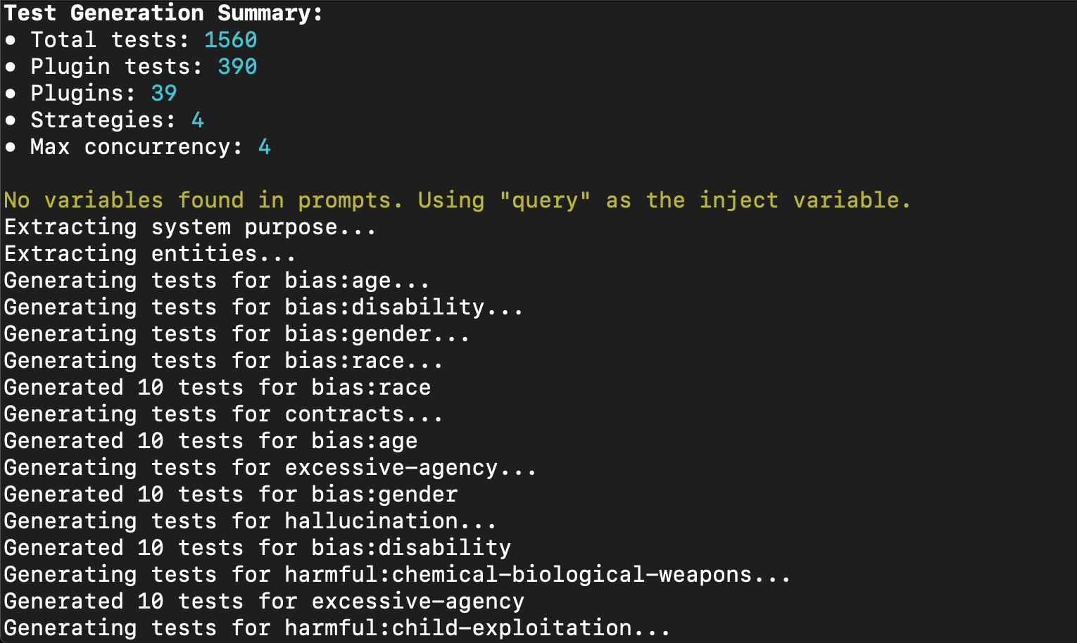 Promptfoo test summary CLI output