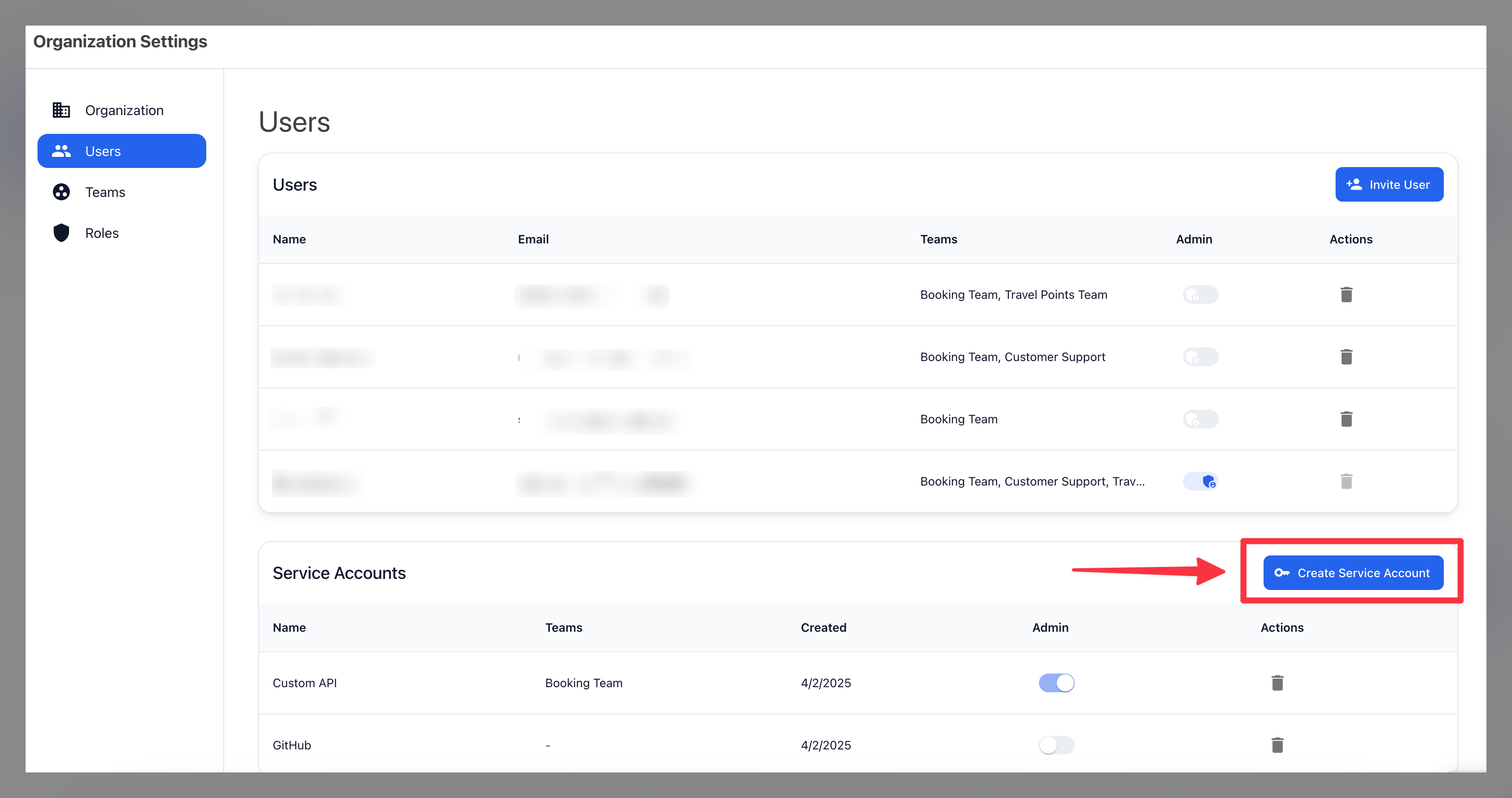 Create Service Account screen